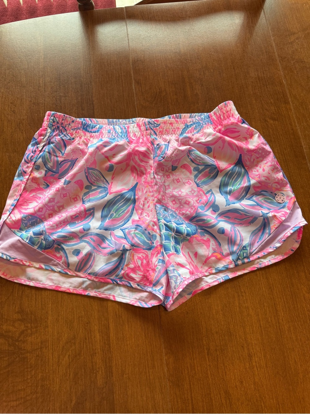 Lilly Pulitzer Pink Floral Athletic Shorts with Blue & Green Leaves